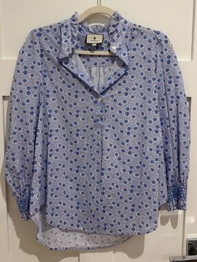 Tuckernuck Blue and White Floral Ruffle-Neck Blouse